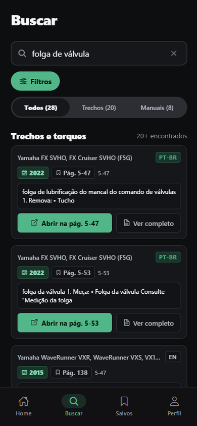 Tela de Busca do aplicativo: a consulta “folga de válvula” devolve o trecho do manual Yamaha FX SVHO de 2022, em português, com o botão Abrir na pág. 5-47.